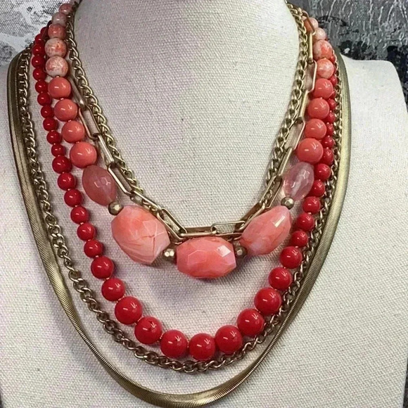 Glass Stone Acrylic Statement Multi Strand Necklace Orange Red and Gold - Picture 1 of 2